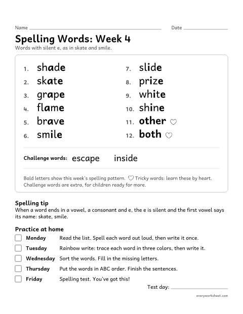 Preview of the printable “Spelling Words: week 4 (Silent e: a_e and i_e)” worksheet: learning this week's spelling words: silent e, as in skate and smile