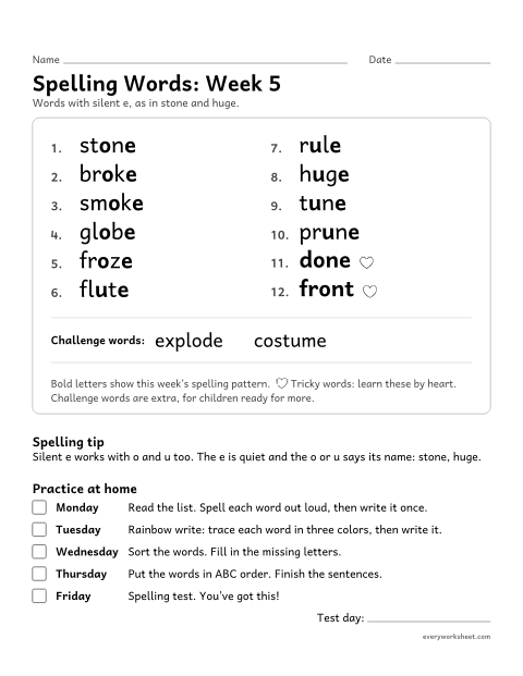 Preview of the printable “Spelling Words: week 5 (Silent e: o_e and u_e)” worksheet: learning this week's spelling words: silent e, as in stone and huge