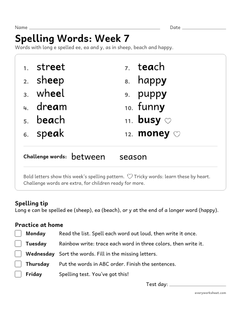 Preview of the printable “Spelling Words: week 7 (Long e: ee, ea and y)” worksheet: learning this week's spelling words: long e spelled ee, ea and y, as in sheep, beach and happy
