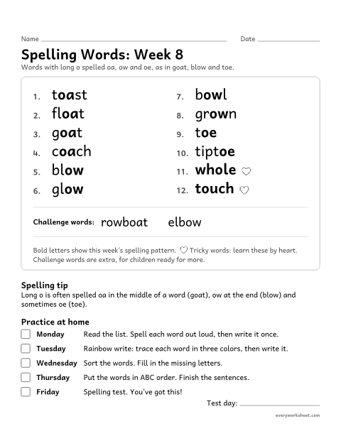 Preview of the printable “Spelling Words: week 8 (Long o: oa, ow and oe)” worksheet: learning this week's spelling words: long o spelled oa, ow and oe, as in goat, blow and toe