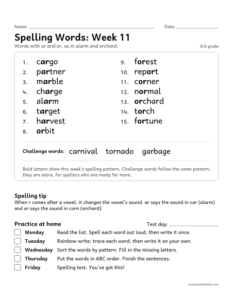 Preview of the printable “Spelling Words: week 11 (ar and or)” worksheet: learning this week's spelling words: ar and or, as in alarm and orchard