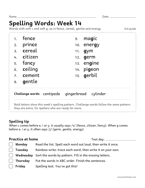 Preview of the printable “Spelling Words: week 14 (Soft c and soft g)” worksheet: learning this week's spelling words: soft c and soft g, as in fence, cereal, gentle and energy