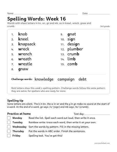 Preview of the printable “Spelling Words: week 16 (Silent letters: kn, wr, gn, mb)” worksheet: learning this week's spelling words: silent letters in kn, wr, gn and mb, as in kneel, wreck, gnaw and crumb