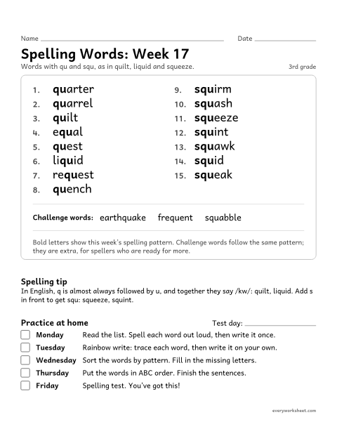 Preview of the printable “Spelling Words: week 17 (qu and squ)” worksheet: learning this week's spelling words: qu and squ, as in quilt, liquid and squeeze