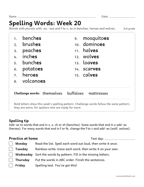 Preview of the printable “Spelling Words: week 20 (Plurals: -es, -oes and -ves)” worksheet: learning this week's spelling words: plurals with -es, -oes and f to v, as in benches, heroes and wolves