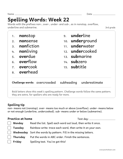 Preview of the printable “Spelling Words: week 22 (Prefixes non-, over-, under- and sub-)” worksheet: learning this week's spelling words: the prefixes non-, over-, under- and sub-, as in nonstop, overflow, underline and submarine