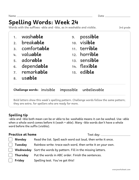 Preview of the printable “Spelling Words: week 24 (Suffixes -able and -ible)” worksheet: learning this week's spelling words: the suffixes -able and -ible, as in washable and visible