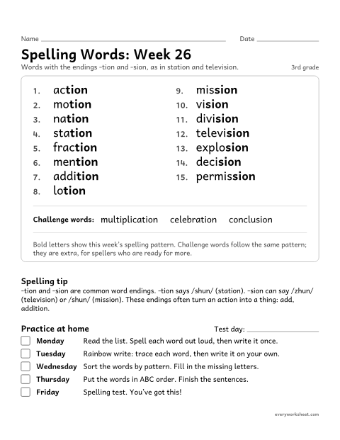 Preview of the printable “Spelling Words: week 26 (Endings -tion and -sion)” worksheet: learning this week's spelling words: the endings -tion and -sion, as in station and television
