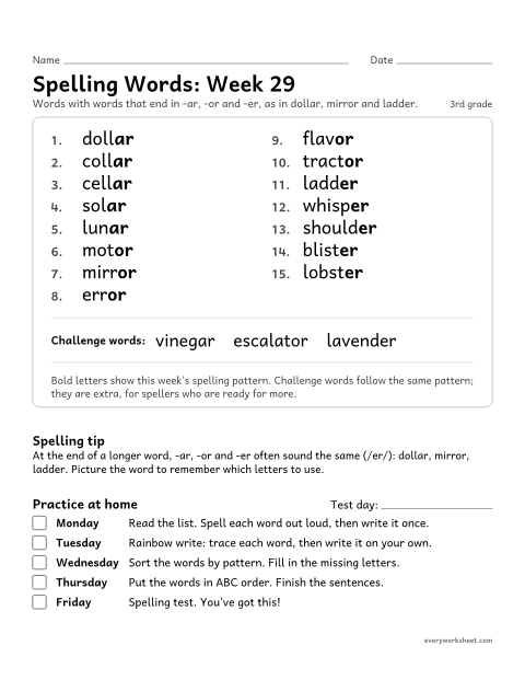 Preview of the printable “Spelling Words: week 29 (Endings -ar, -or and -er)” worksheet: learning this week's spelling words: words that end in -ar, -or and -er, as in dollar, mirror and ladder