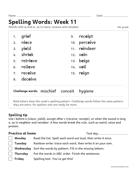 Preview of the printable “Spelling Words: week 11 (ie and ei)” worksheet: learning this week's spelling words: ie and ei, as in niece, receive and reindeer