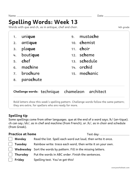 Preview of the printable “Spelling Words: week 13 (que, and ch as /sh/ and /k/)” worksheet: learning this week's spelling words: que and ch, as in antique, chef and choir