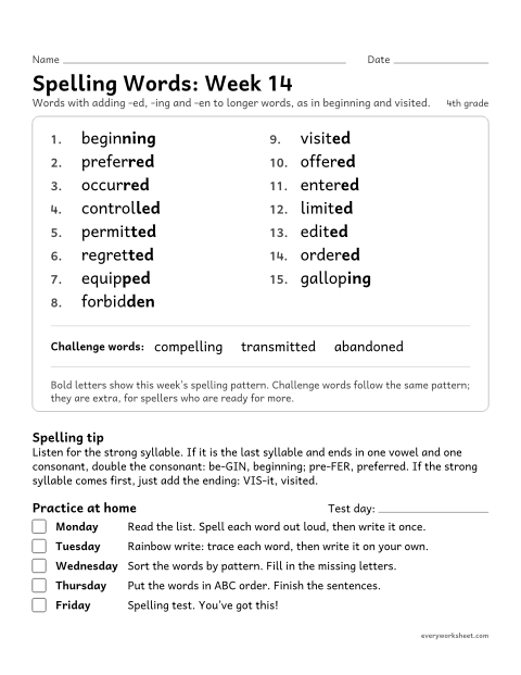 Preview of the printable “Spelling Words: week 14 (Doubling in longer words)” worksheet: learning this week's spelling words: adding -ed, -ing and -en to longer words, as in beginning and visited