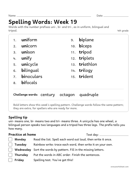 Preview of the printable “Spelling Words: week 19 (Number prefixes uni-, bi- and tri-)” worksheet: learning this week's spelling words: the number prefixes uni-, bi- and tri-, as in uniform, bilingual and tripod