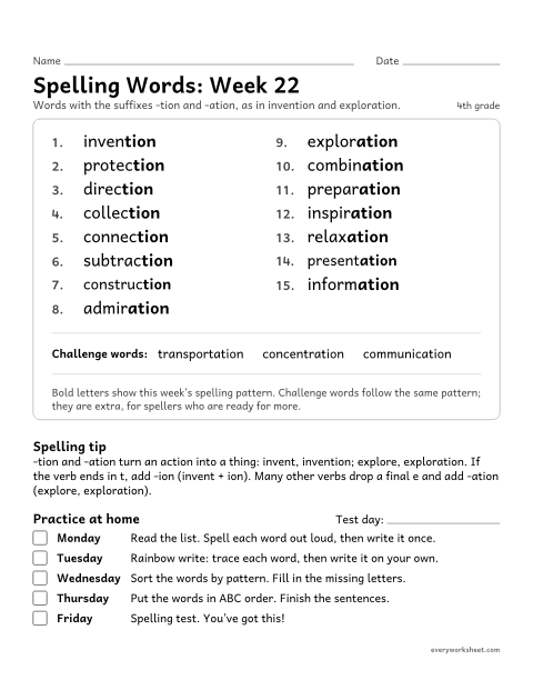 Preview of the printable “Spelling Words: week 22 (Suffixes -tion and -ation)” worksheet: learning this week's spelling words: the suffixes -tion and -ation, as in invention and exploration