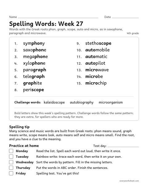 Preview of the printable “Spelling Words: week 27 (Greek roots)” worksheet: learning this week's spelling words: the Greek roots phon, graph, scope, auto and micro, as in saxophone, paragraph and microwave
