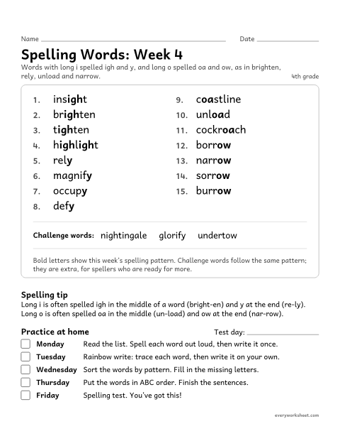 Preview of the printable “Spelling Words: week 4 (Long i and long o)” worksheet: learning this week's spelling words: long i spelled igh and y, and long o spelled oa and ow, as in brighten, rely, unload and narrow