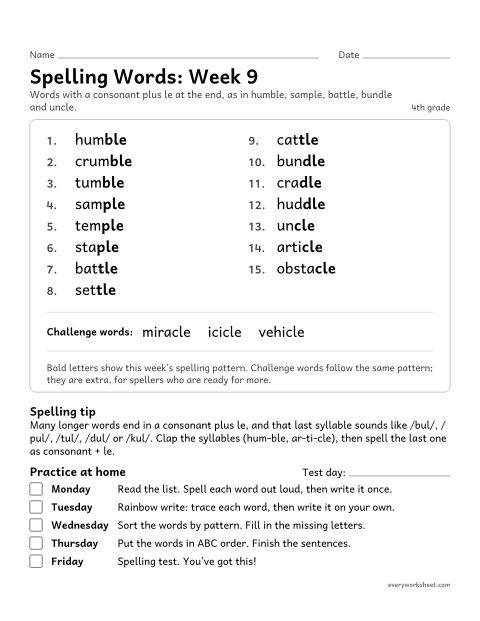 Preview of the printable “Spelling Words: week 9 (Consonant-le endings)” worksheet: learning this week's spelling words: a consonant plus le at the end, as in humble, sample, battle, bundle and uncle