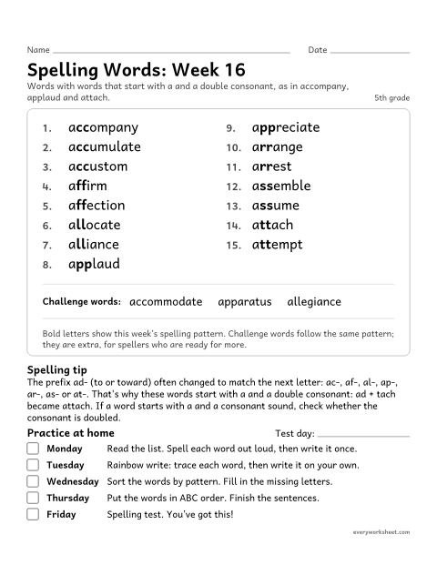 Preview of the printable “Spelling Words: week 16 (Prefix ad- in disguise)” worksheet: learning this week's spelling words: words that start with a and a double consonant, as in accompany, applaud and attach