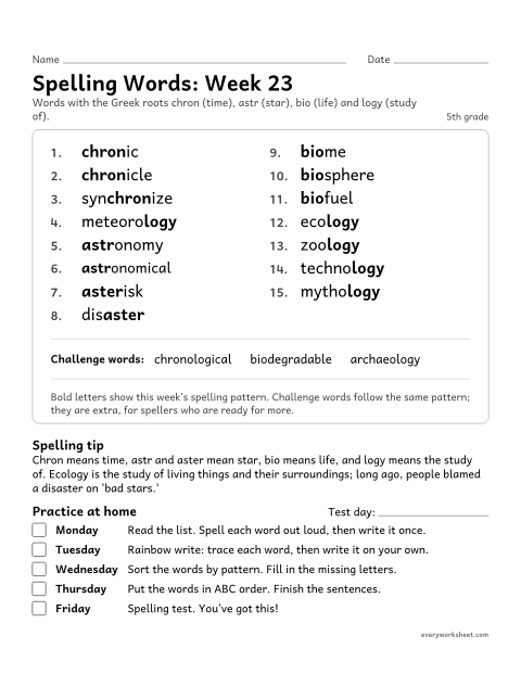 Preview of the printable “Spelling Words: week 23 (Greek roots: chron, astr, bio and logy)” worksheet: learning this week's spelling words: the Greek roots chron (time), astr (star), bio (life) and logy (study of)