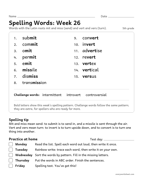 Preview of the printable “Spelling Words: week 26 (Latin roots: mit, miss and vert)” worksheet: learning this week's spelling words: the Latin roots mit and miss (send) and vert and vers (turn)