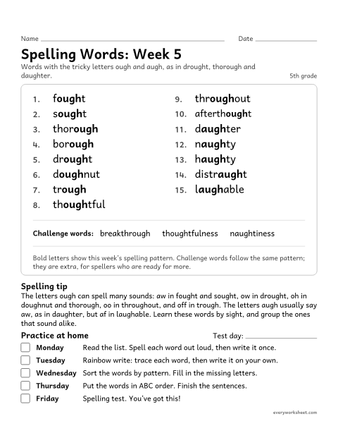 Preview of the printable “Spelling Words: week 5 (ough and augh)” worksheet: learning this week's spelling words: the tricky letters ough and augh, as in drought, thorough and daughter