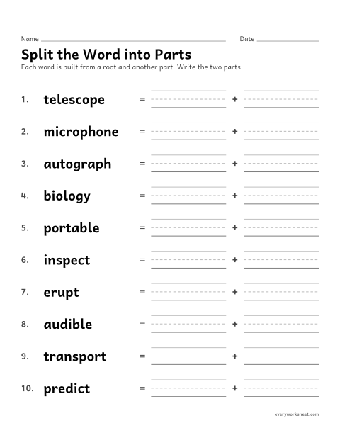 Preview of the printable “Split the word into root and parts” worksheet: splitting words into a Greek or Latin root and another part