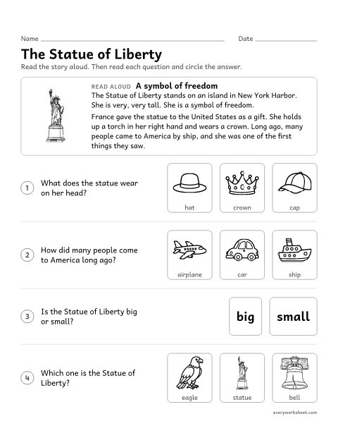 Preview of the printable “Statue of liberty Read-Aloud” worksheet: listening to facts about the Statue of Liberty and answering questions