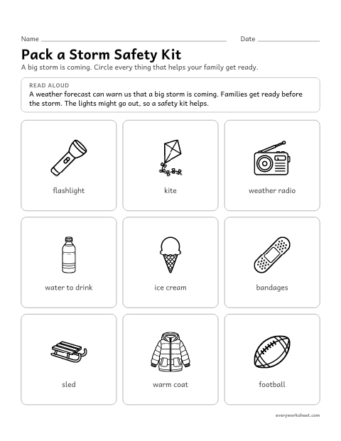 Preview of the printable “Storm safety Kit: get ready for severe weather” worksheet: choosing supplies that help a family prepare for severe weather