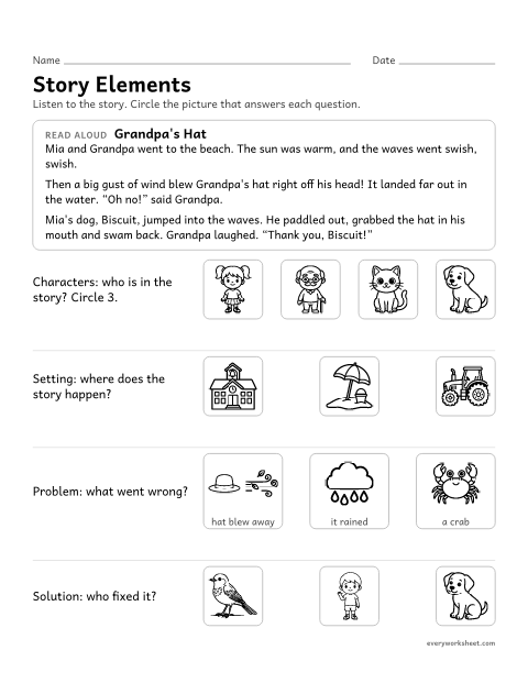 Preview of the printable “Story Elements: Grandpa's hat” worksheet: naming the characters, setting, problem and solution in a read-aloud story