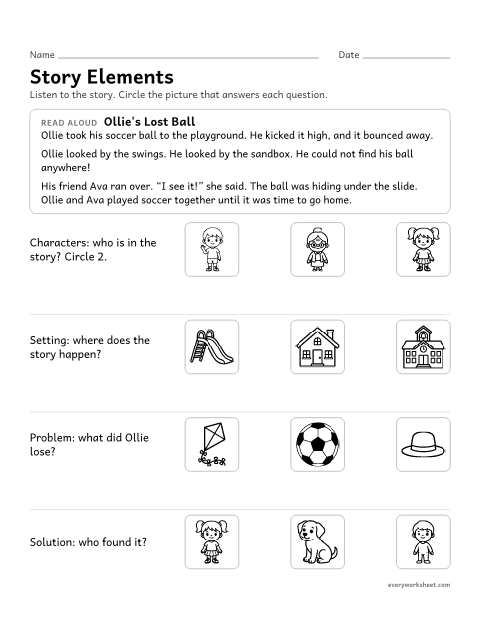 Preview of the printable “Story Elements: Ollie's lost ball” worksheet: naming the characters, setting, problem and solution in a read-aloud story
