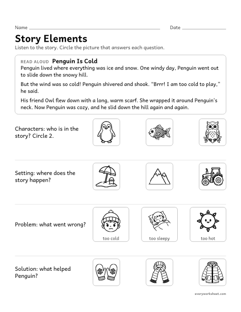 Preview of the printable “Story Elements: penguin is cold” worksheet: naming the characters, setting, problem and solution in a read-aloud story