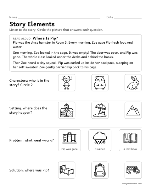 Preview of the printable “Story Elements: where is Pip?” worksheet: naming the characters, setting, problem and solution in a read-aloud story