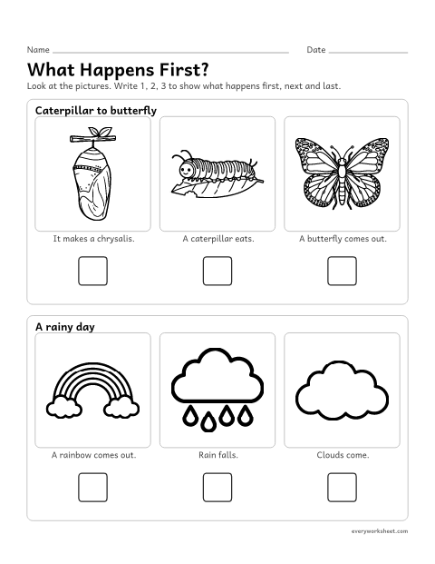 Preview of the printable “Story Sequencing: 3-Step pictures 3” worksheet: putting three pictures in story order (first, next, last)