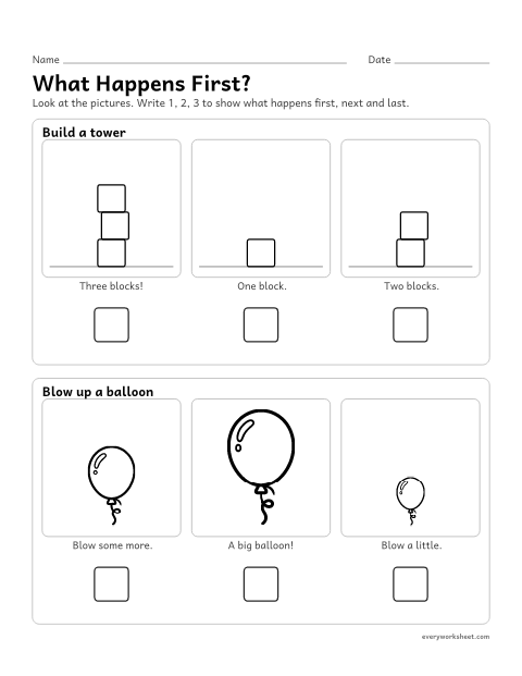 Preview of the printable “Story Sequencing: 3-Step pictures 4” worksheet: putting three pictures in story order (first, next, last)