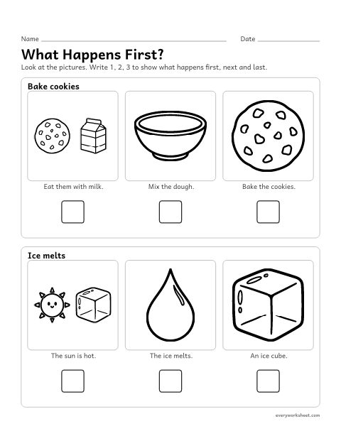 Preview of the printable “Story Sequencing: 3-Step pictures 5” worksheet: putting three pictures in story order (first, next, last)