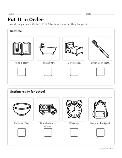 Preview of the printable “Story Sequencing: 4-Step pictures 1” worksheet: putting four pictures in story order