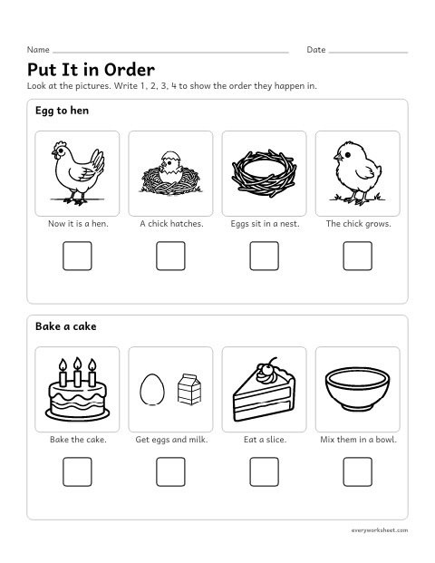 Preview of the printable “Story Sequencing: 4-Step pictures 2” worksheet: putting four pictures in story order