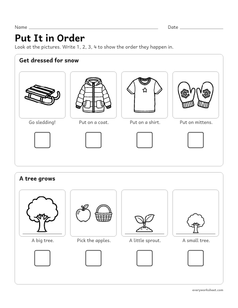 Preview of the printable “Story Sequencing: 4-Step pictures 4” worksheet: putting four pictures in story order