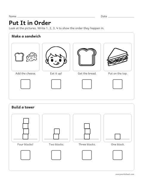 Preview of the printable “Story Sequencing: 4-Step pictures 5” worksheet: putting four pictures in story order