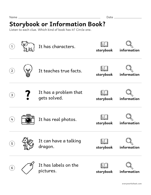 Preview of the printable “Storybook or information Book?” worksheet: telling a storybook from an informational text