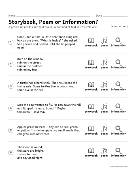 Preview of the printable “Storybook, poem or Information?” worksheet: recognizing storybooks, poems and informational text