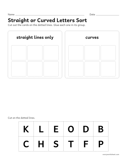 Preview of the printable “Straight or curved letters sort” worksheet: sorting uppercase letters by straight and curved lines
