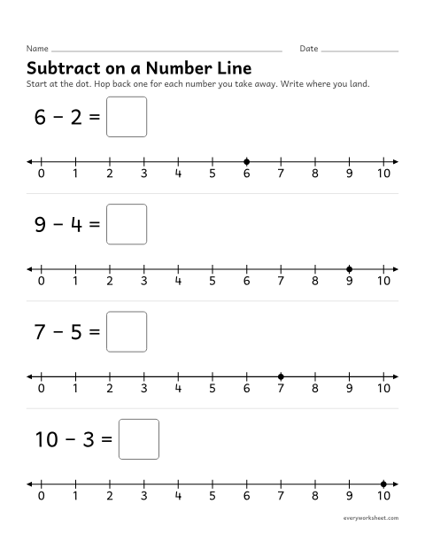 Preview of the printable “Subtract on a number line” worksheet: subtracting within 10 with hops back on a number line