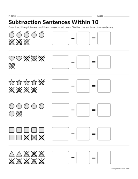 Preview of the printable “Subtraction sentences within 10” worksheet: writing subtraction sentences for pictures within 10