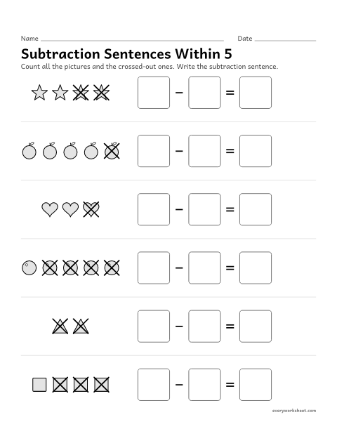 Preview of the printable “Subtraction sentences within 5” worksheet: writing subtraction sentences for pictures within 5