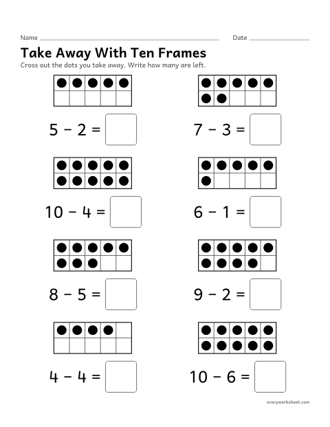 Preview of the printable “Take away with ten frames” worksheet: subtracting within 10 by crossing out counters in a ten frame
