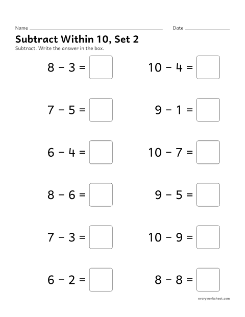Preview of the printable “Subtract within 10, set 2” worksheet: subtracting within 10