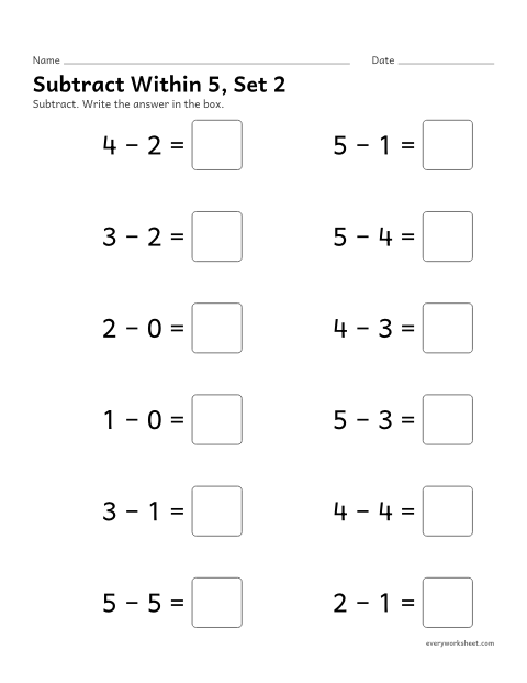 Preview of the printable “Subtract within 5, set 2” worksheet: subtracting fluently within 5, including 0