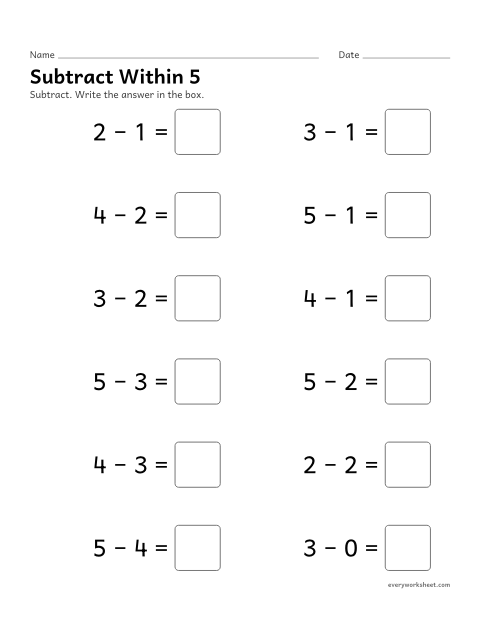 Preview of the printable “Subtract within 5” worksheet: subtracting fluently within 5