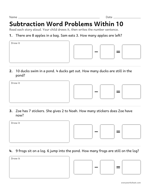 Preview of the printable “Subtraction word problems within 10” worksheet: solving subtraction word problems within 10 by drawing